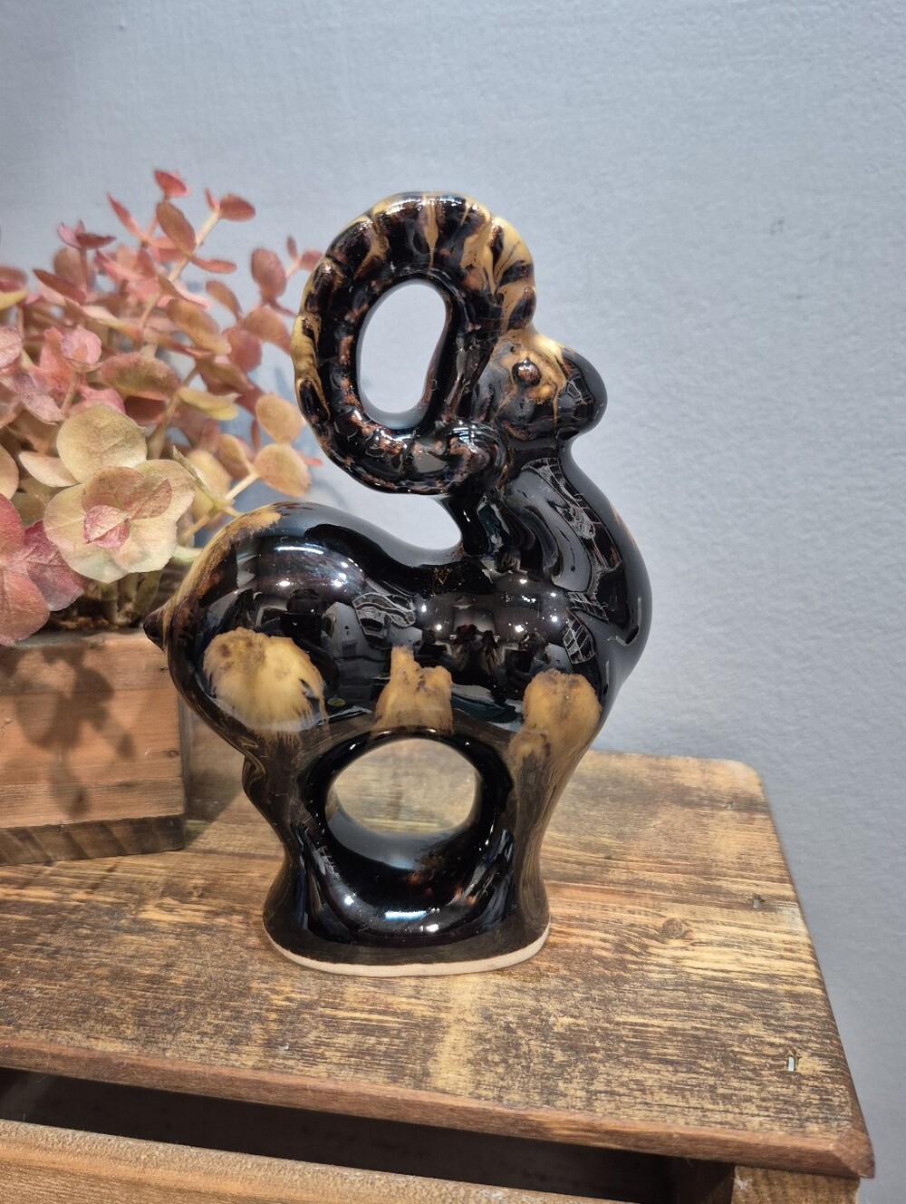 Vintage Mid Century Modern Soviet Ceramic Ram Figurine Drip Glaze Pottery